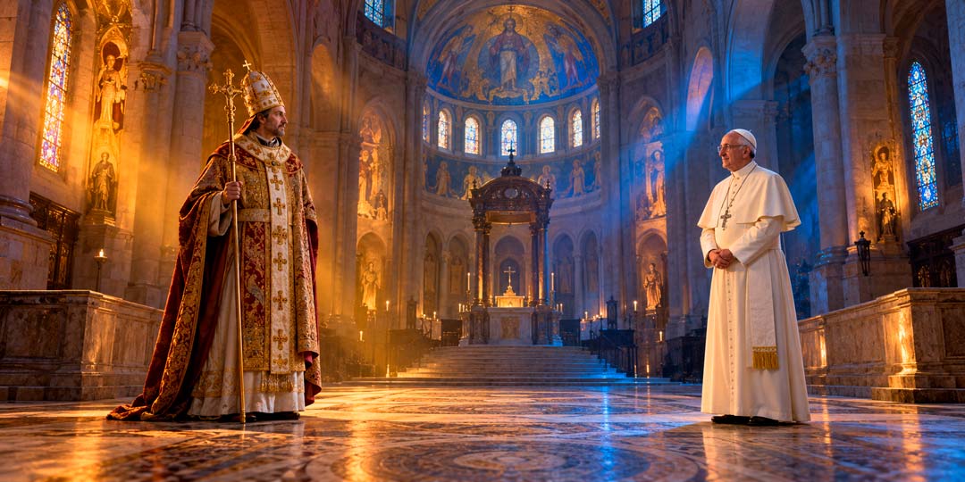 Illustration des papes Léon IX et Léon XIV dans une église, en écho au spectacle Le Crépuscule des Pierres.